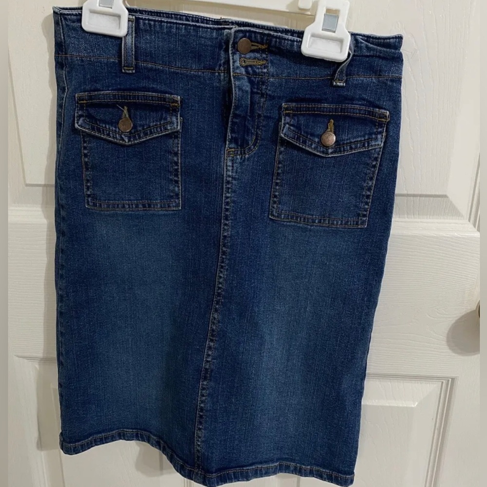 Denim Knee Length Skirt Blue Juniors Sz Small Back Slit Pockets Jean Skirt